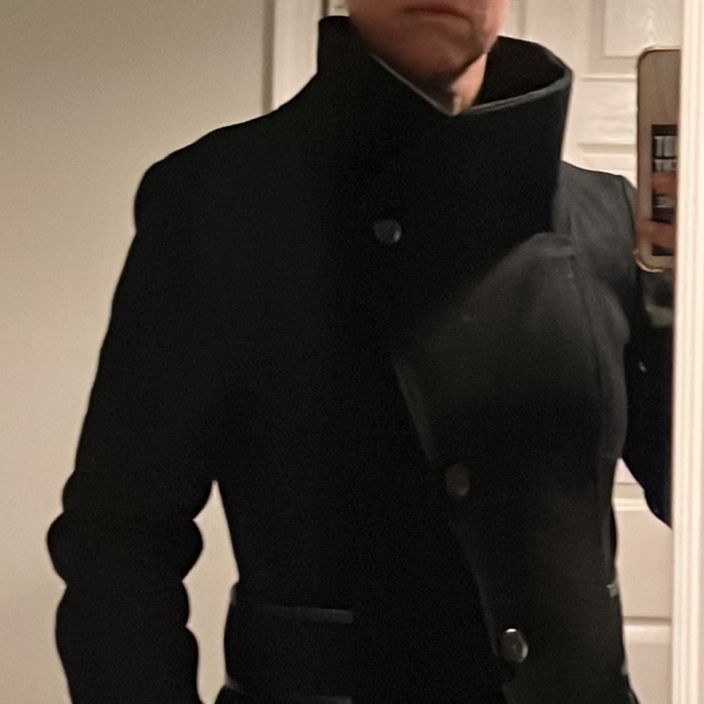 Mackage black wool coat with leather trim
